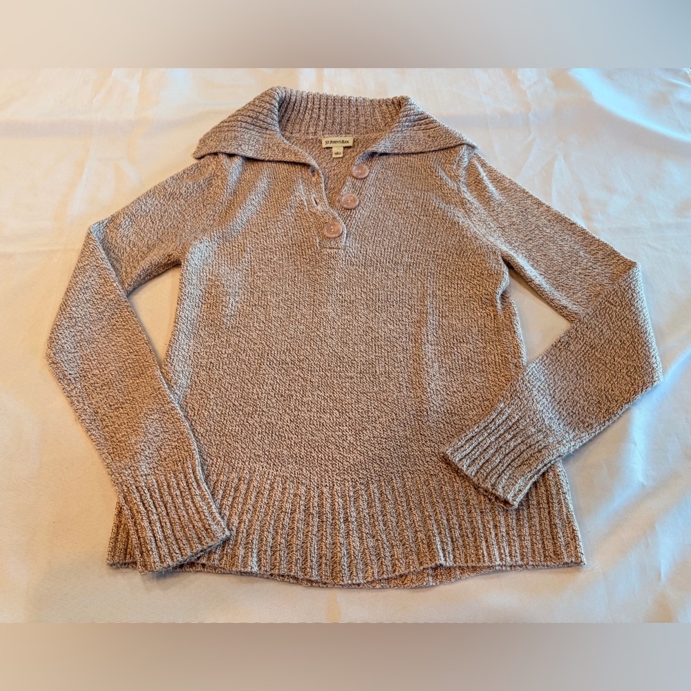 St. John's Bay Women's Button-Collar Knit Light Pink Grey Sweater Size Large